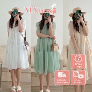  Váy babydoll suông dài đầm nữ cộc tay phom rộng họa tiết chấm bi 2 lớp freesize tiểu thư hàn quốc Ylydress C1031 