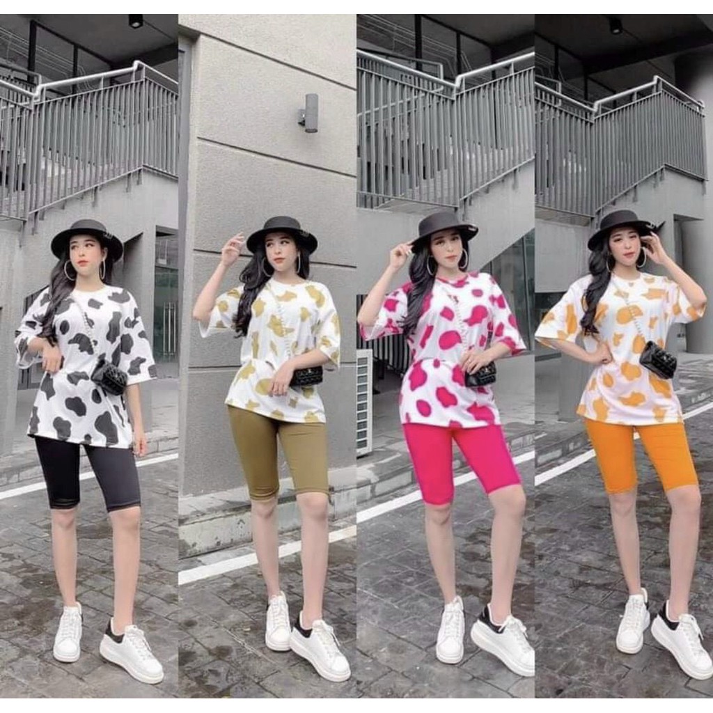 Set bộ thể thao nữ áo cổ tròn form rộng họa tiết bò sữa quần lửng legging ôm cá tính