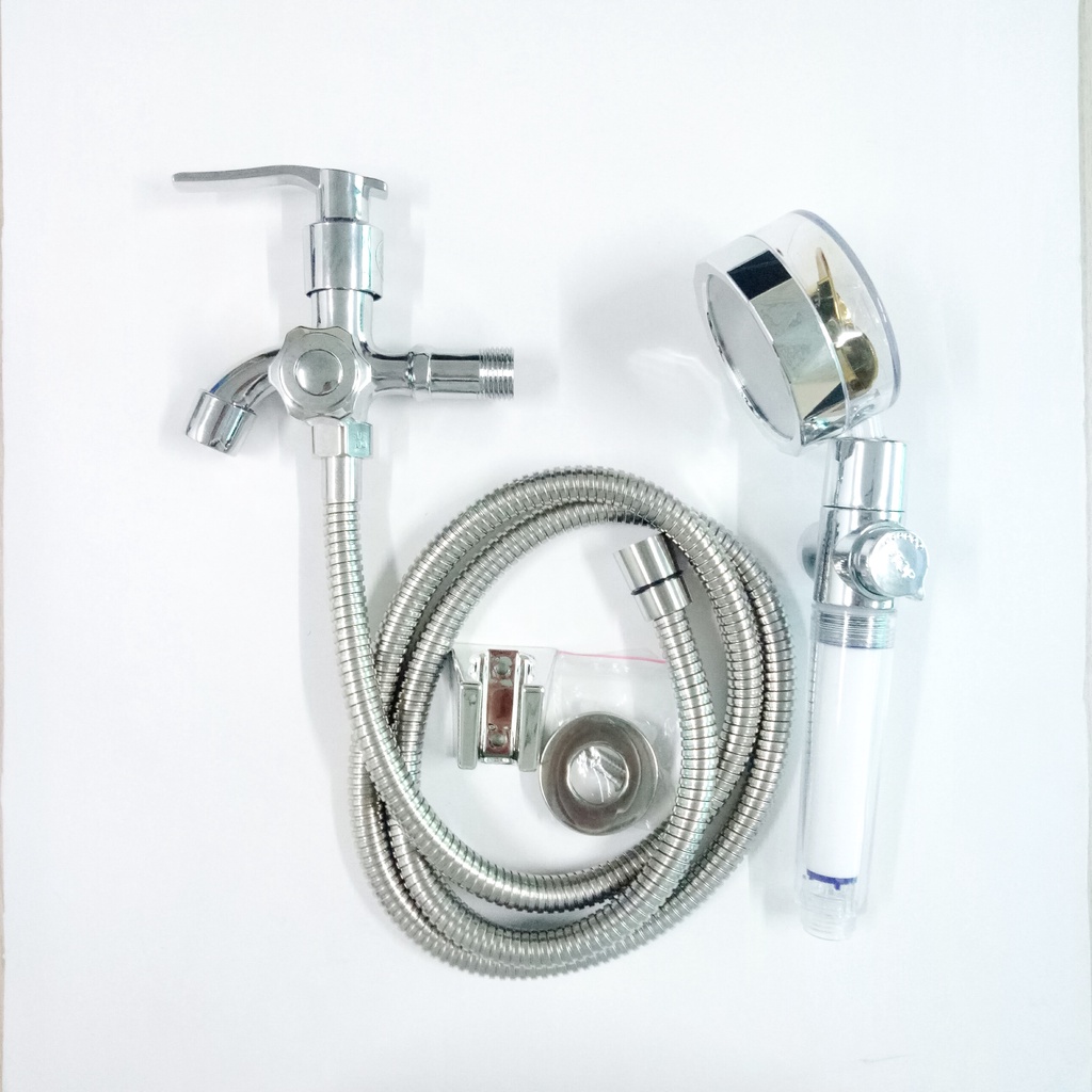 Bộ củ sen hợp kim siêu bền một đường nước lạnh + tay sen quạt thân nhựa trong lõi lọc có nút bật tắt -  QM.CS02.TS029B4