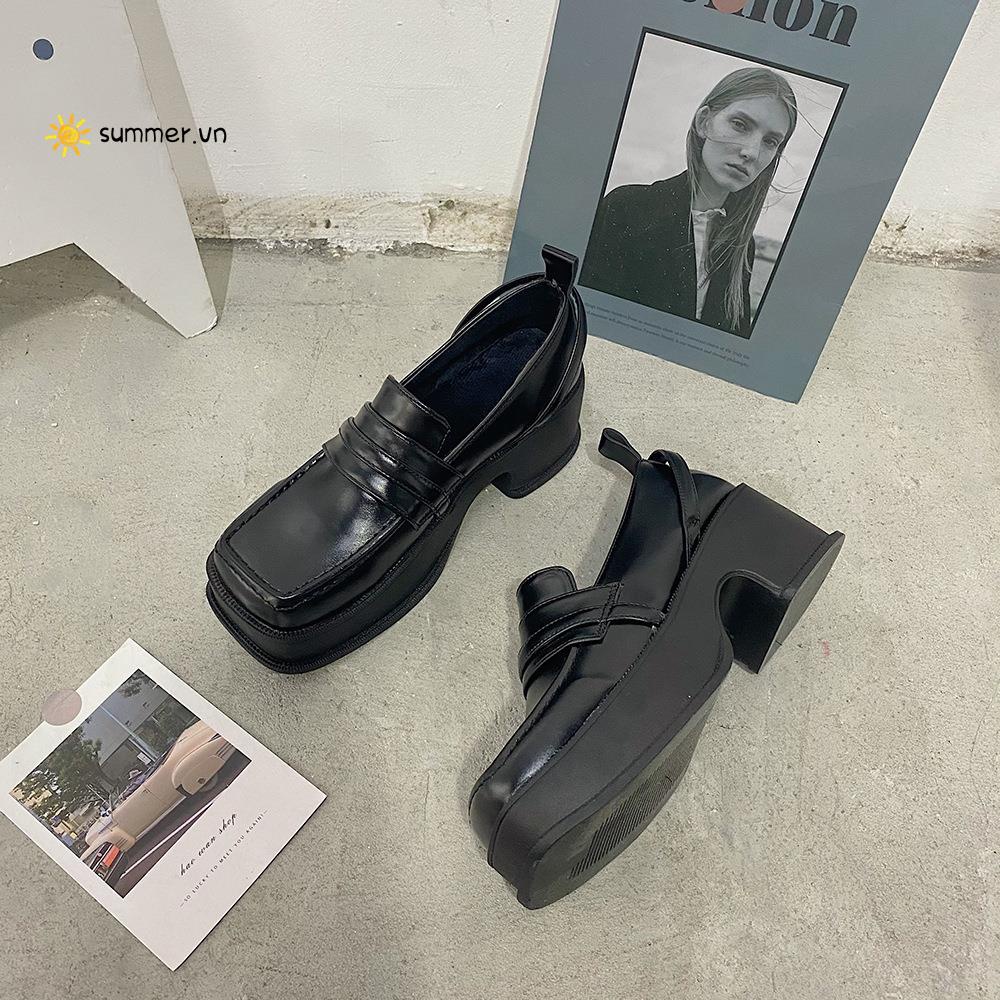 Giày Da Mũi Vuông Đế Dày Phong Cách Anh Quốc Thời Trang Thu Đông 2022