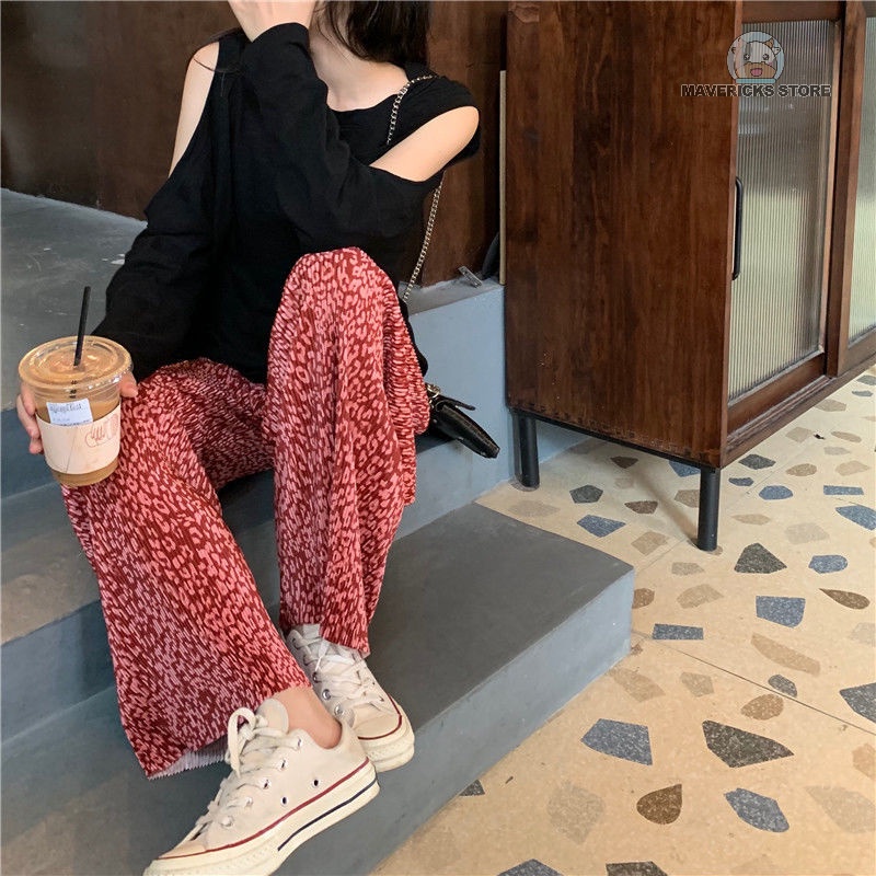 Quần ống rộng Lưng Cao Họa Tiết Da Báo Đỏ Phong Cách Hàn Quốc Mới Cho Nữ