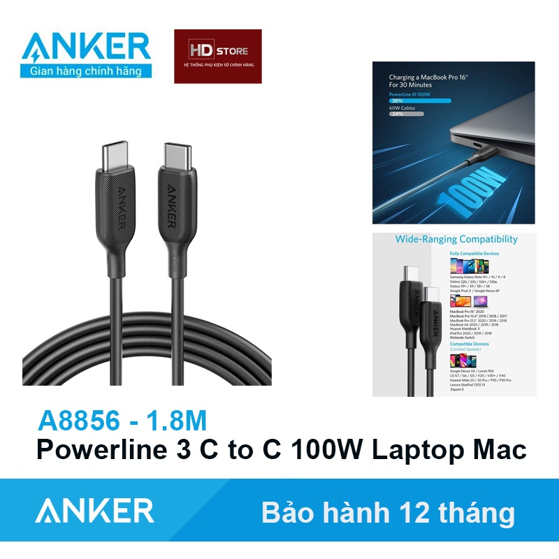 Cáp Anker PowerLine III Type C to C 1.8 Mét 100W  A8856 Sạc cho Laptop Macbook Air Pro M1 61W 65W 87W Chính Hãng 2 Mét