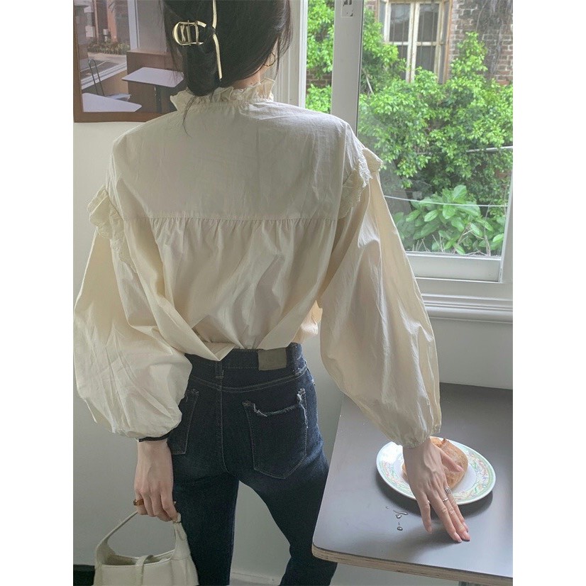 Áo sơ mi babydoll viền ren cánh tiên thắt nơ dài tay ulzzang