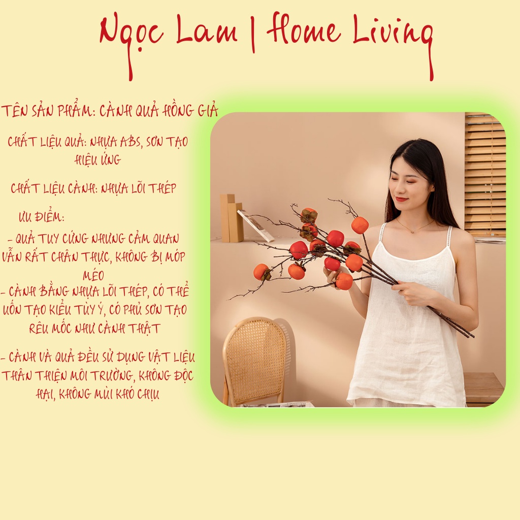 Cành quả hồng giả chất liệu cao cấp 6 quả màu sắc tự nhiên trang trí phòng ngủ phòng khách quán cafe nhà hàng