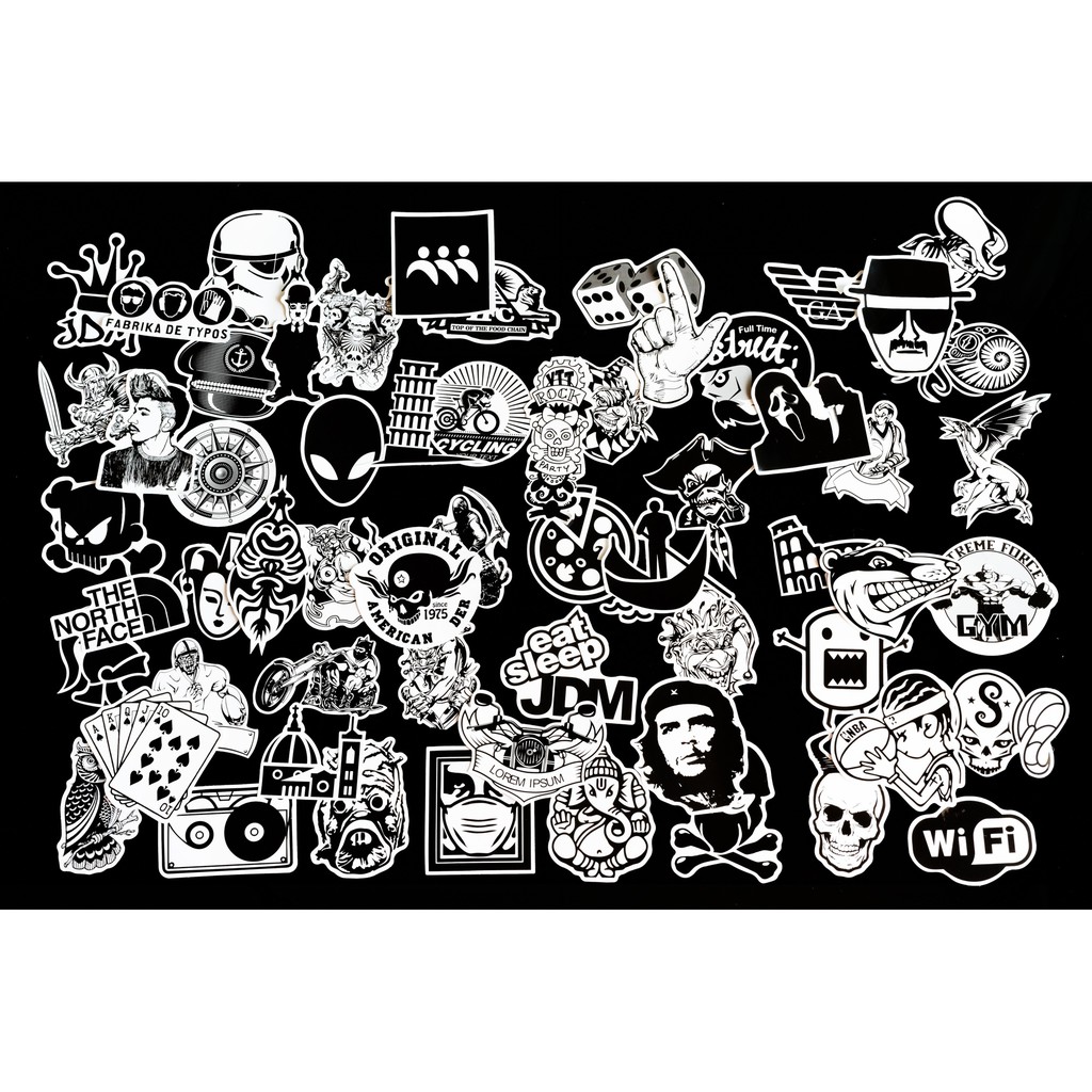 Bộ 10 20 50 sticker trắng đen black white stickers cao cấp trang trí Vali Laptop Mũ Bảo Hiểm Xe Máy Xe Đạp Đàn