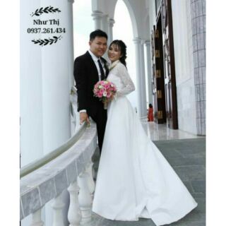 (nhận may theo size) váy cưới phi trắng phối ren tay dài đuôi cá dài, váy cô dâu sang trọng