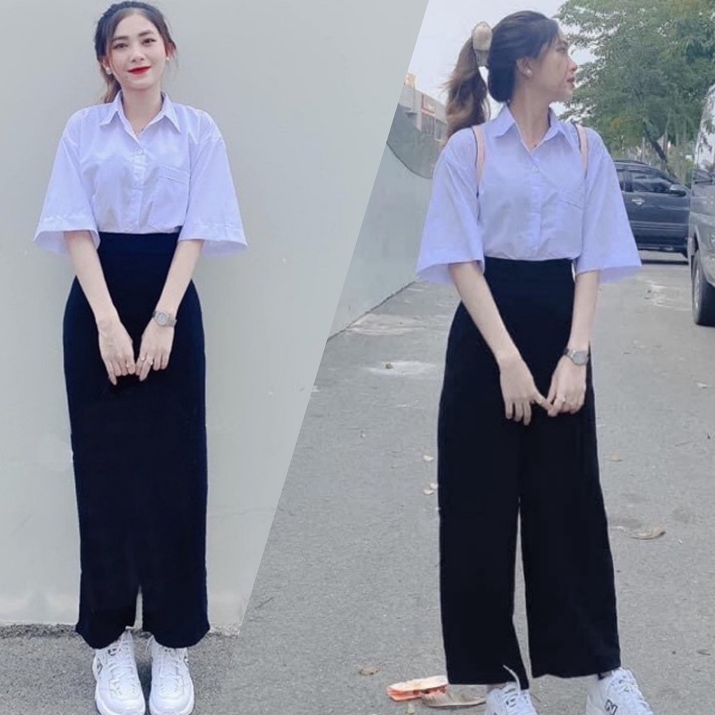 Quần tây ống rộng đi học khóa sườn nữ cạp lưng cao dáng quần vải ống rộng nữ suông dài dày đen học sinh đi học công sở