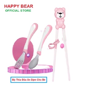 Sét thìa đũa dĩa inox, thìa đũa tập ăn hàn quốc cho bé - happy bear