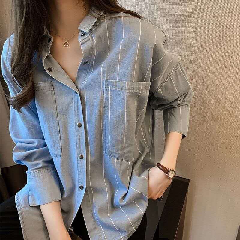 Áo Sơ Mi Denim Tay Dài Dáng Rộng Họa Tiết Kẻ Sọc Phong Cách Hàn Quốc Thời Trang Cho Nữ M-4XL