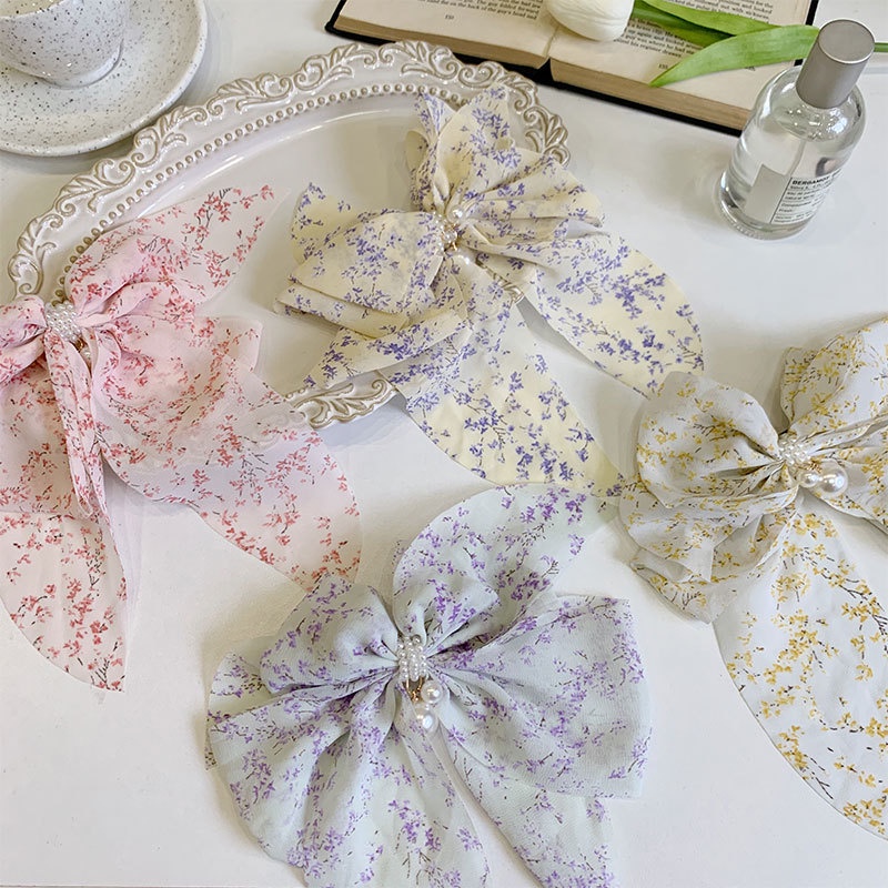 Kẹp Tóc Mỏ Vịt Thắt Nơ Lưng Bằng Vải In Họa Tiết Hoa Nhỏ Ngọt Ngào Cho Nữ