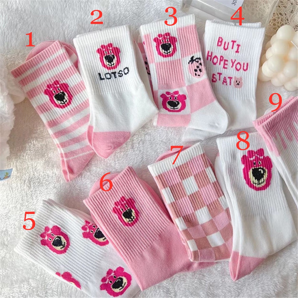 Vớ Cotton Họa Tiết Gấu Và Dâu Tây Màu Hồng Phong Cách Lolita Cho Nữ