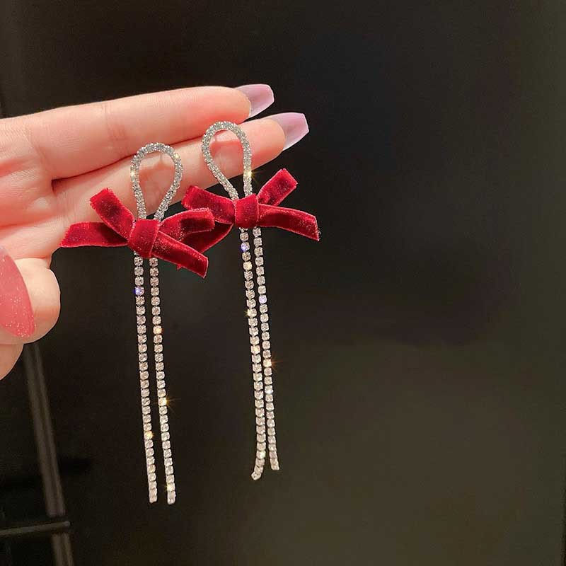 Khuyên tai Nơ Đính Đá Thả 2 Tua Rua Lấp Lánh bông tai trang sức phụ kiện nữ phong cách Hàn Quốc thiết kế thời trang