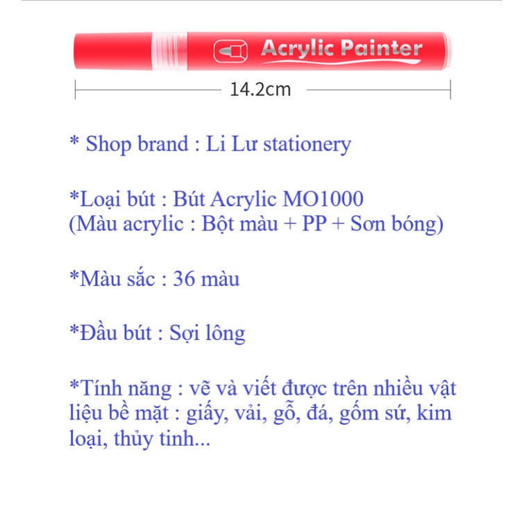 Bút sơn Acrylic Painter MO1100 38 màu vẽ trên nhiều chất liệu: Giấy, Vải, Kính, Đá, Gỗ, Thủy Tinh, Kim Loại, Custom giày