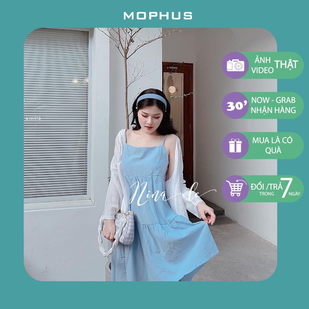 Set 2 món váy 2 dây xanh biển mix áo khoác dài tay ulzzang/ Váy maxi dáng dài kèm áo cardigan style hàn quốc Mophus