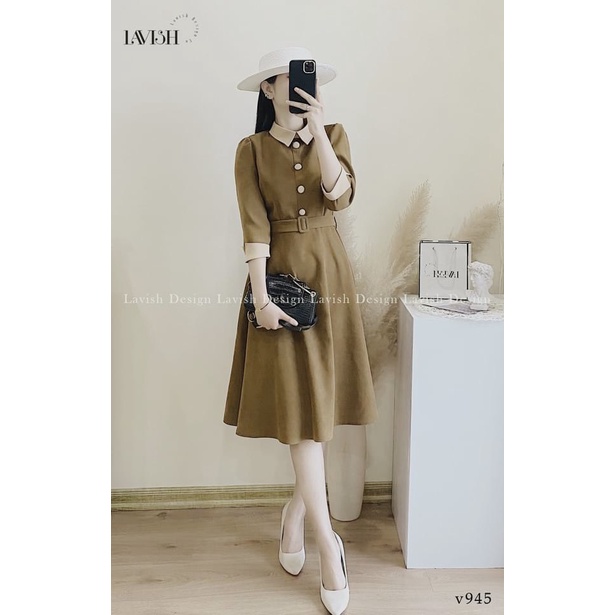 ✨BÁN SỈ✨Đầm xanh mù tạt viền cổ kèm belt