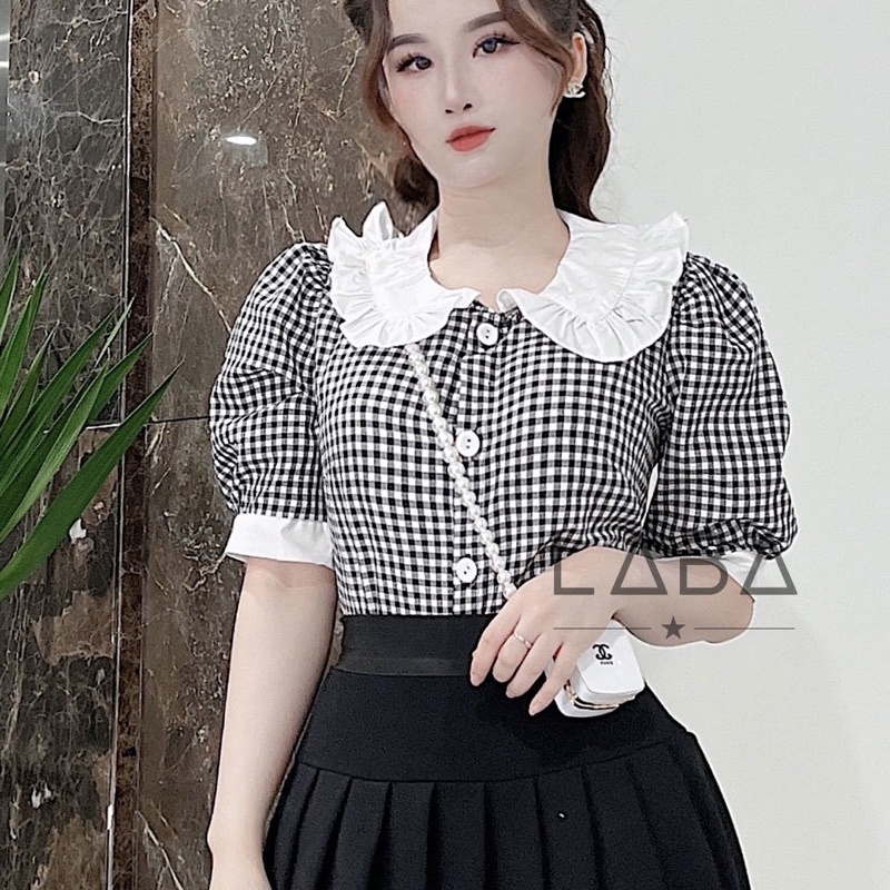 Áo sơ mi nữ kẻ caro tay phồng cổ sen điệu đà nữ tính và thanh lịch, nhẹ nhàng, dễ phối đồ với chân váy