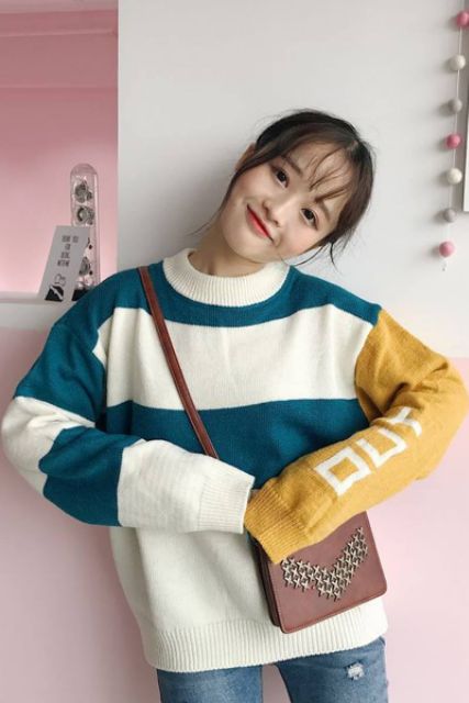 Hàng Sẵn_ Áo len dài tay sọc màu ulzzang | BigBuy360 - bigbuy360.vn