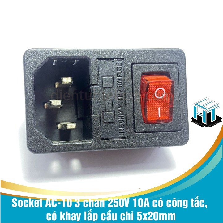 Socket AC-10 3 chân 250V 10A có công tắc, có khay lắp cầu chì 5x20mm
