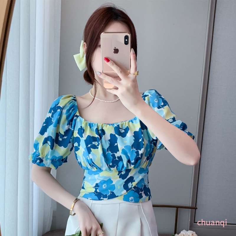 Áo Thun Ngắn Tay Cổ Vuông Thắt Nơ Sau Lưng In Họa Tiết Hoa Thời Trang Mùa Hè Cho Nữ