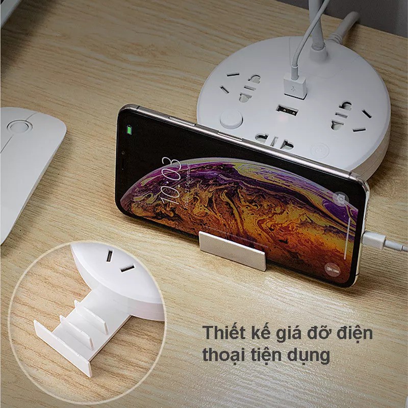 Đèn Bàn LED Cảm ứng, 2 USB sạc Điện thoại vào nhanh, 3 ổ cắm điện 2500W, Kèm giá đỡ điện thoại TS18