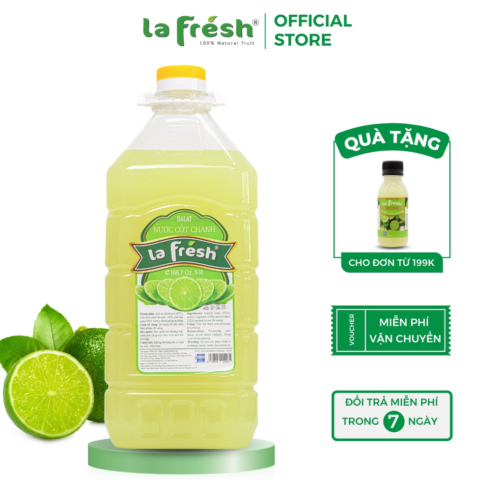 Nước Cốt Chanh Vắt Không Đường, Nguyên chất 100% LAFRESH, can 5L, nguyên liệu dùng để pha chế