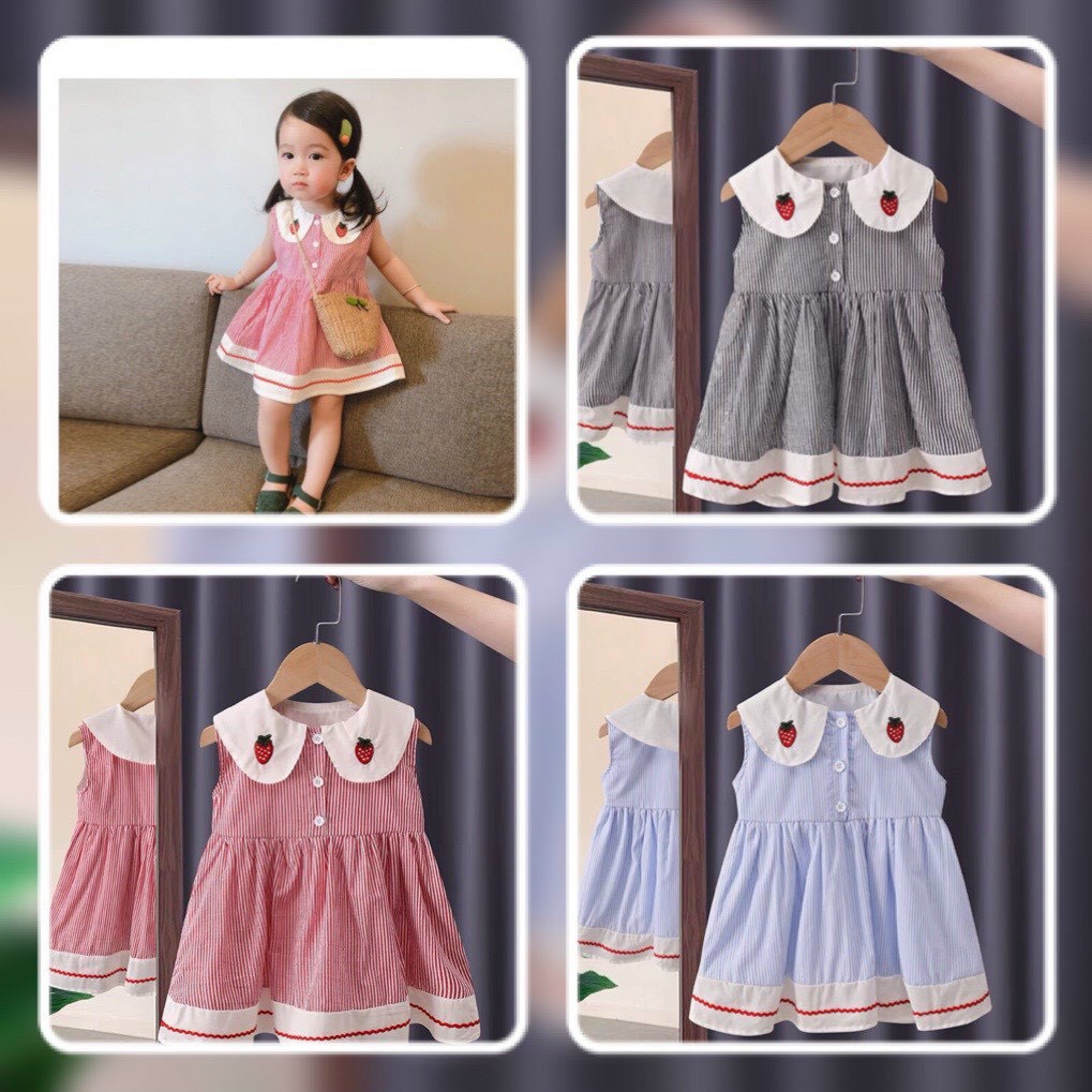 Váy đầm bé gái, váy thô kẻ cổ sen xinh xắn cho bé mặc hè size to 2-6 tuổi