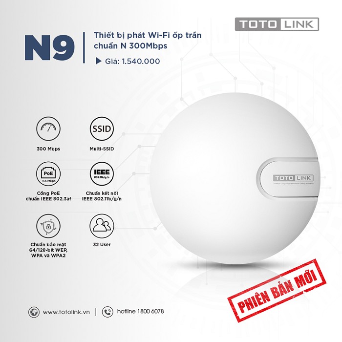 Bộ phát wifi ốp trần Totolink N9 - V2 Wireless N300Mbps chính hãng