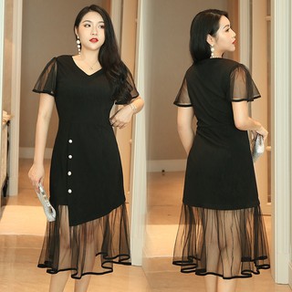 Đầm béo cổ tim chân lưới cho người béo mập - Vbeo183