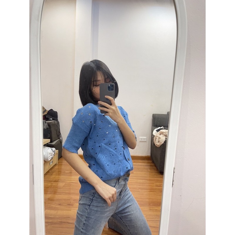 [SẴN-ẢNH THẬT] Áo khoác len cảdigan tay ngắn bo giả xắn tay túi chéo