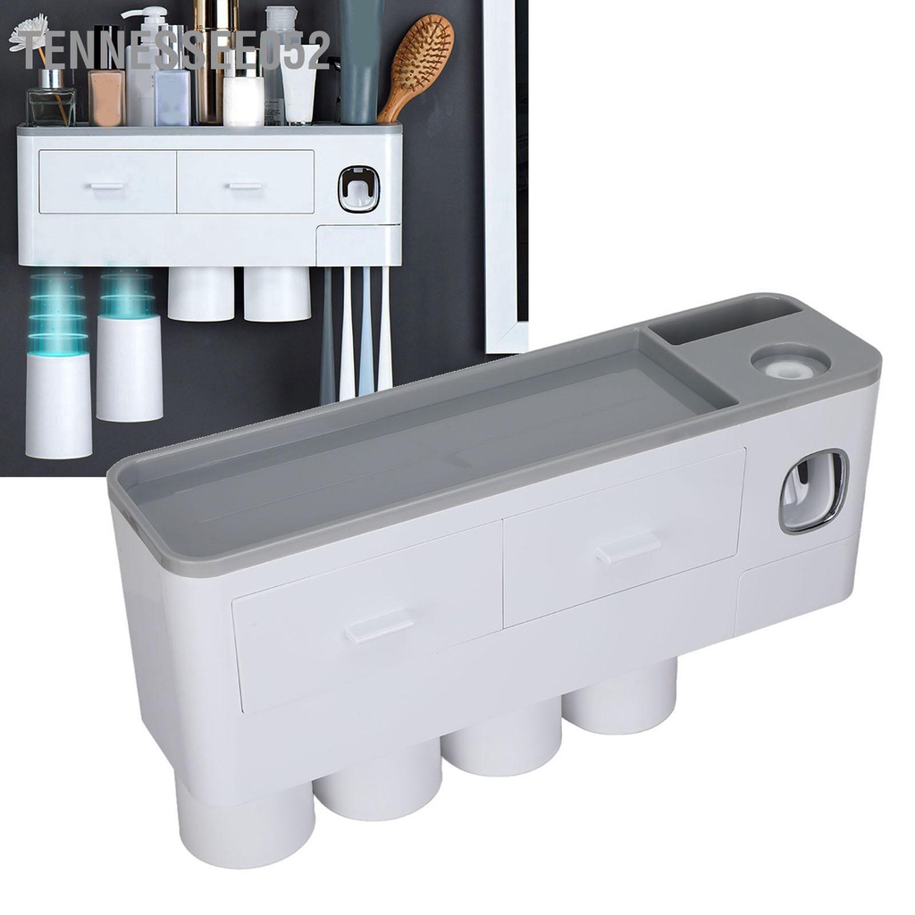 [Hàng HOT] Bộ Nhả Kem Đánh Răng Tự Động, Kệ Để Đồ Phòng Tắm Cao Cấp Treo tường kèm 4 cốc từ tính có ngăn kéo【Tennessee052】