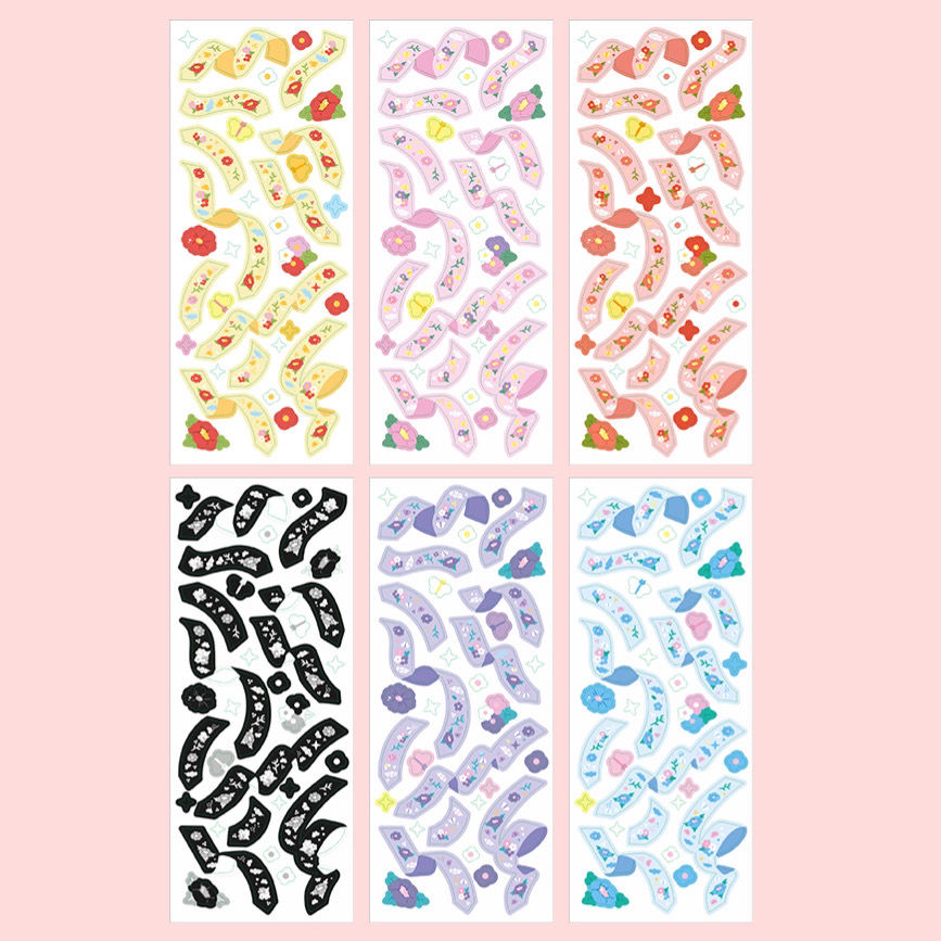Flower ribbon sticker series glitter bottom PET seamless sticker