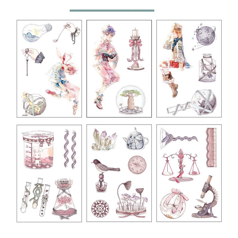 Set 6 tấm sticker hình dán cổ trang màu nước xinh xắn thơ mộng trang trí sổ đáng yêu giá rẻ
