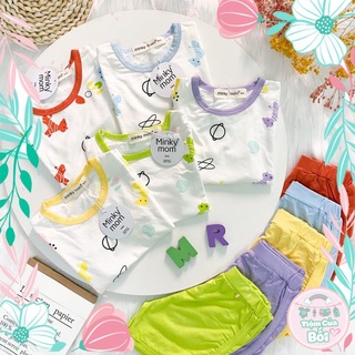 Bộ Thun Cộc MinKy Mom Thun Lạnh May Viền Màu Cổ Họa Tiết Màu Sắc Xinh Xắn Cho Bé Trai Và Bé Gái Từ 8-29kg