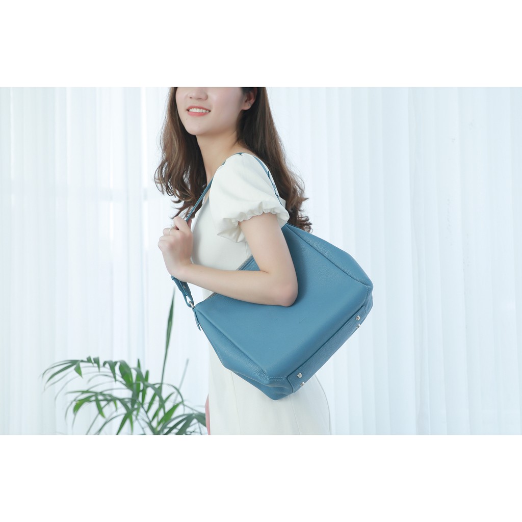 POPAY-Túi Tote da bò thật nguyên tấm lớp 1 cao cấp màu Xanh dương HS02-76.MINK