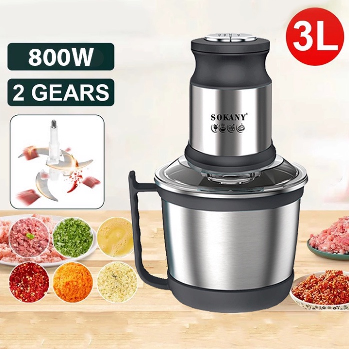 Máy Xay Thịt Công Suất Lớn 800W Xay Tỏi Ớt SOKANY INOX 3L