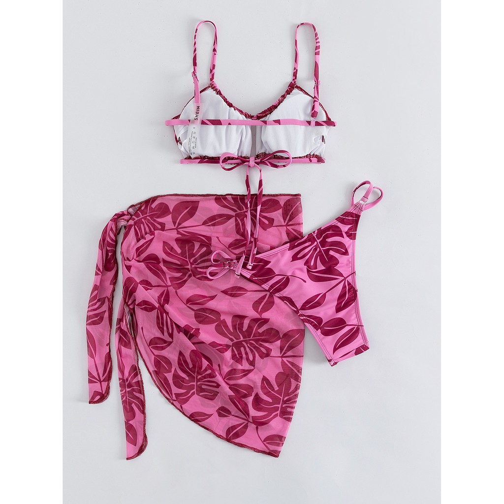 [BKN1265] &lt;ÂU&gt; SET BIKINI 3 MÓN HỒNG LÁ KÈM KHĂN HÔNG