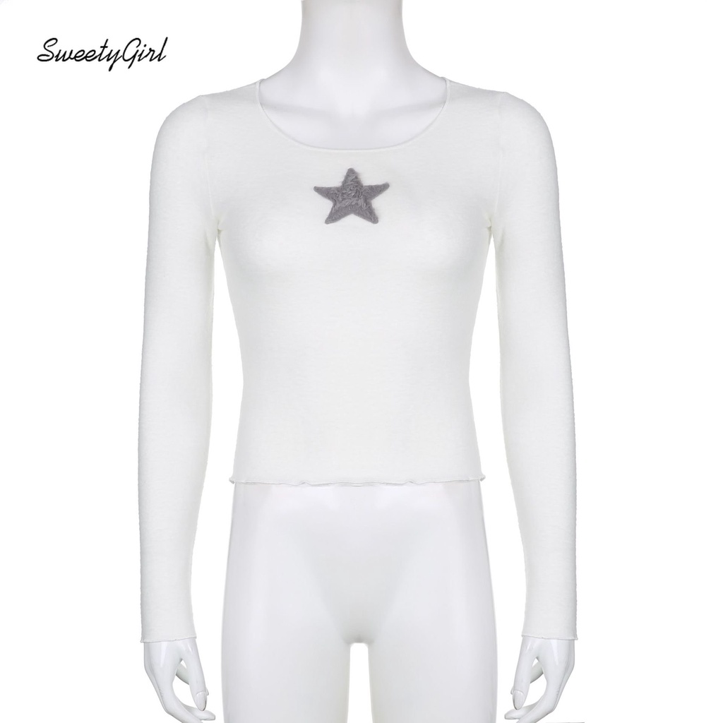 Áo Thun Tay Dài Cổ Tròn Màu Trắng / Đen In Hình Ngôi Sao Thời Trang 2022 Quyến Rũ Cho Nữ