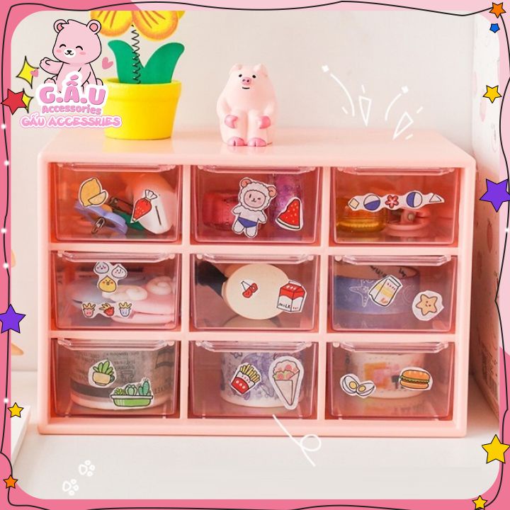 Kệ Nhựa Mini 9 Ô Có Ngăn Kéo Đựng Đồ Vật Nhỏ Siêu Đáng Yêu