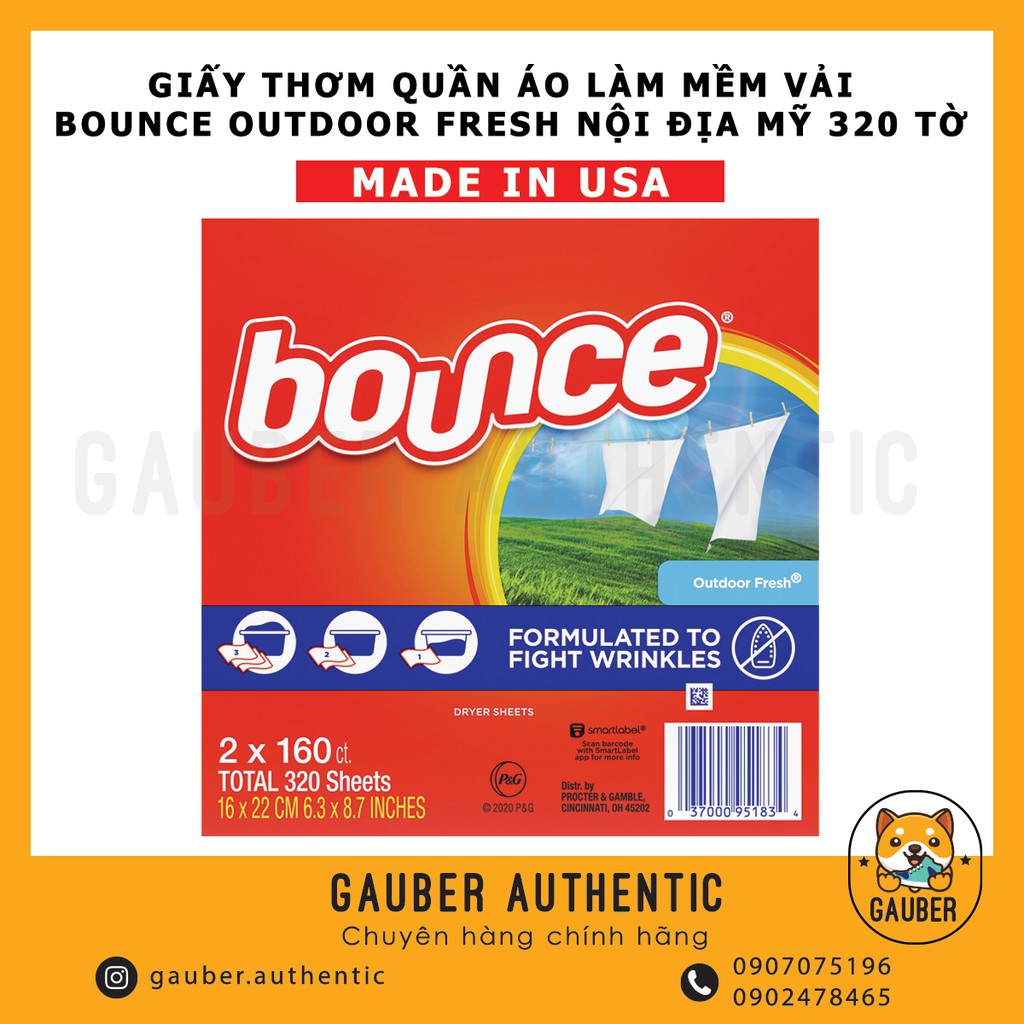GIẤY THƠM QUẦN ÁO LÀM MỀM VẢI BOUNCE OUTDOOR FRESH NỘI ĐỊA MỸ 320 TỜ