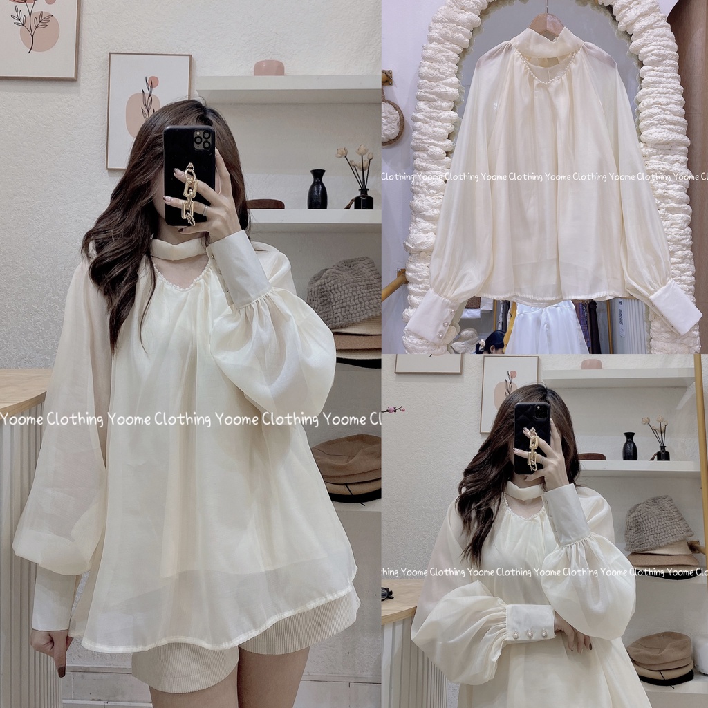 Áo sơ mi tơ cổ ngọc nơ lưng giấu quần áo cổ yếm cho nữ YoomeClothing ( ảnh thật tại shop )