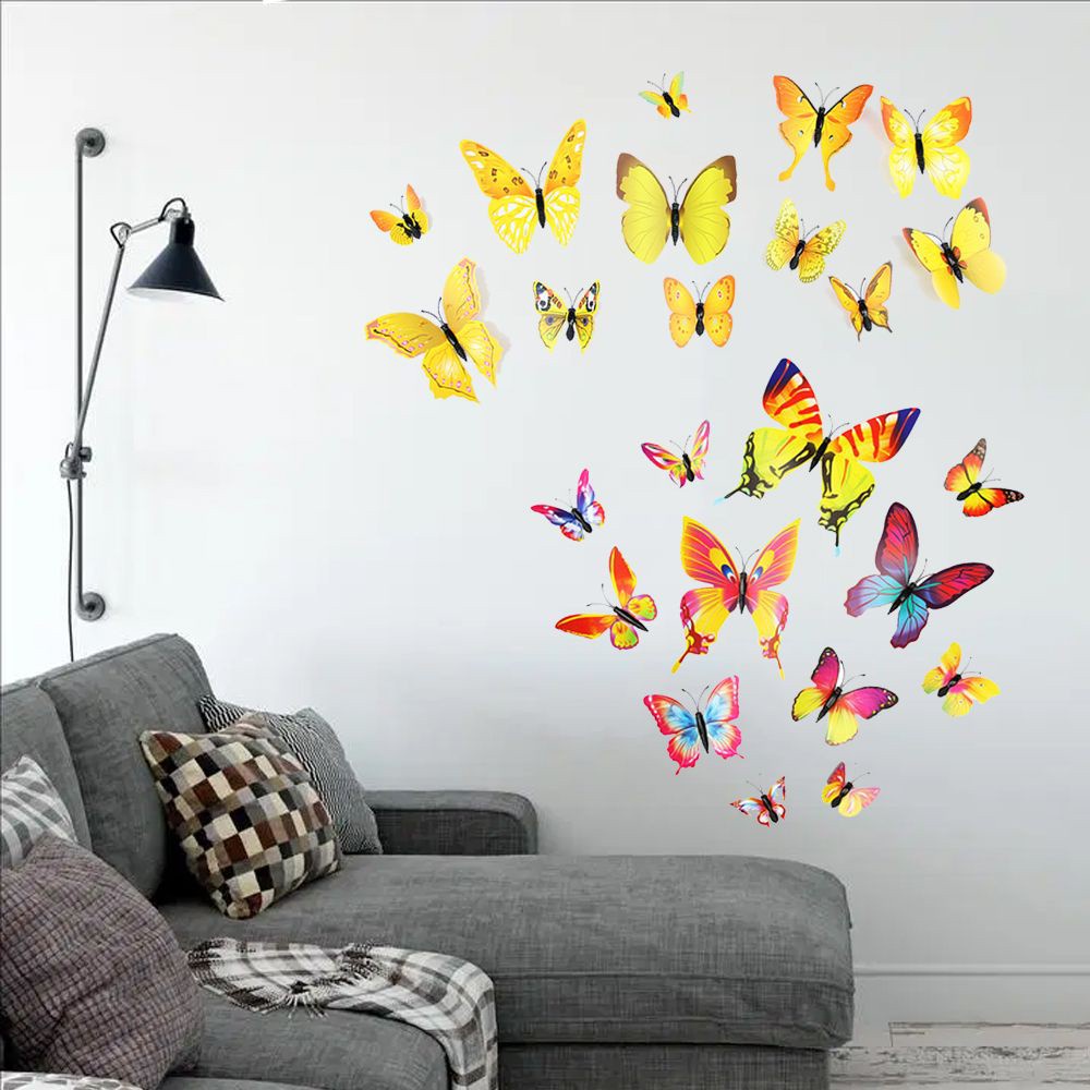 Set 24 Miếng Dán Tường / Tủ Lạnh Hình Bướm 3d Nhiều Màu Độc Đáo Trang Trí Nhà Cửa Diy