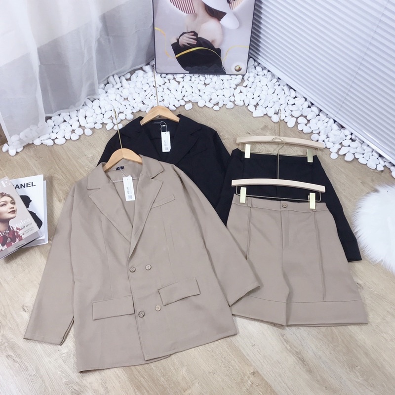 Set 2 Món Áo Blaze Cổ Vest Dài Tay Quần Sooc Đùi Bộ Đồ Công Sở