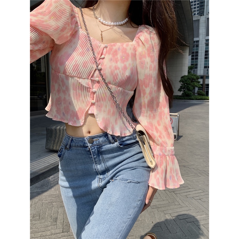 QKOOLE  Áo Croptop Trễ Vai Tay Loe Màu Hồng Phong Cách Hàn Quốc Cho Nữ