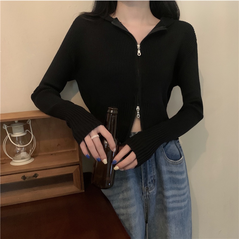 Áo khoác Cardigan tay dài hoạ tiết kẻ sọc phối khoá kéo cho phái nữ