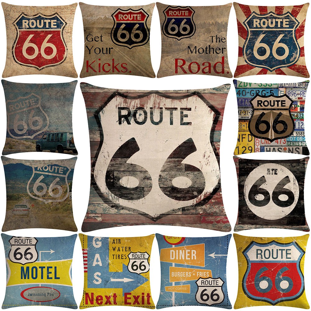 Áo gối/đệm sofa họa tiết Route 66 bằng chất liệu vải lanh trang trí nhà cửa theo phong cách vintage