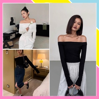 Áo trễ vai dài tay nữ vải bozip Áo hở vai len tăm dày dặn đẹp kiểu dáng ôm body sexy bánh bèo sang chảnh Đen Trắng