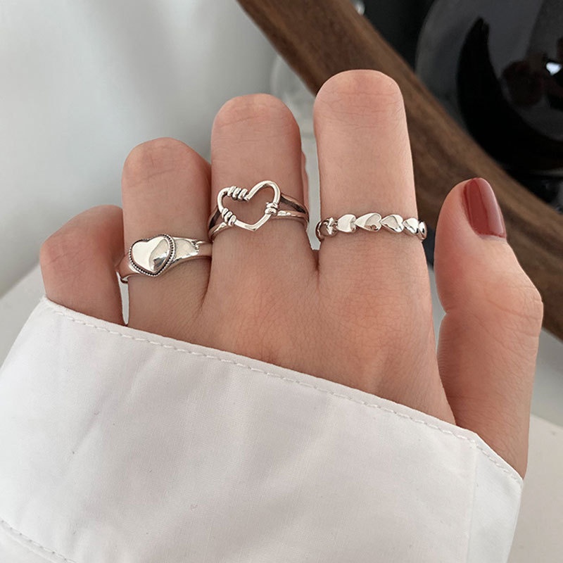 Bộ 3 Nhẫn Bạc Khắc Hình Trái Tim Dễ Thương