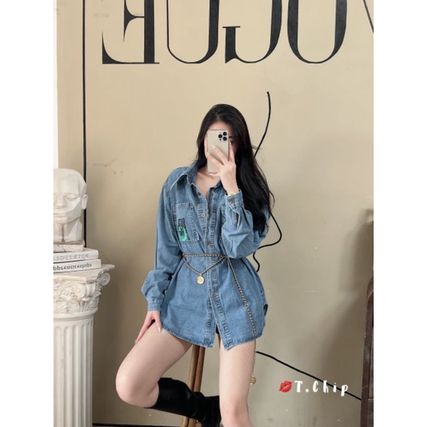 Áo sơmi jean chữ túi lệch hàng QCL1