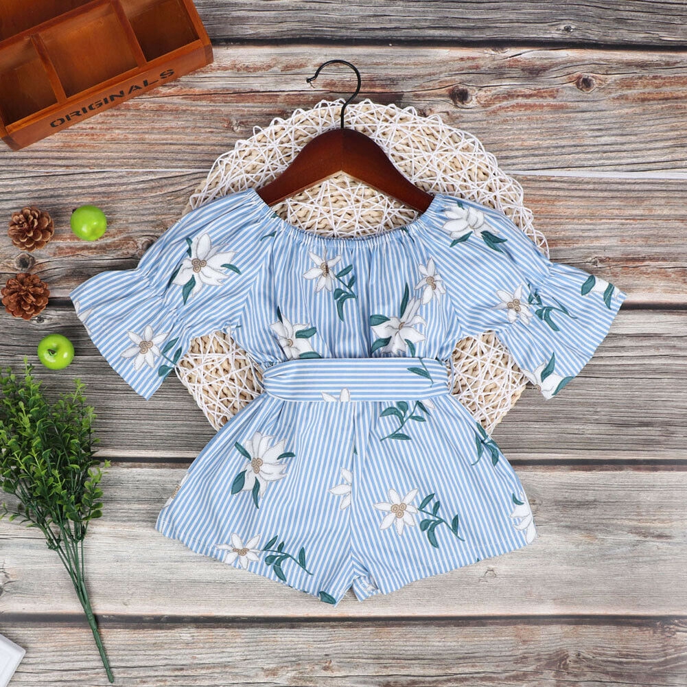 Áo liền quần trễ vai in hoa xinh xắn đáng yêu dành cho bé gái từ 1-5 tuổi