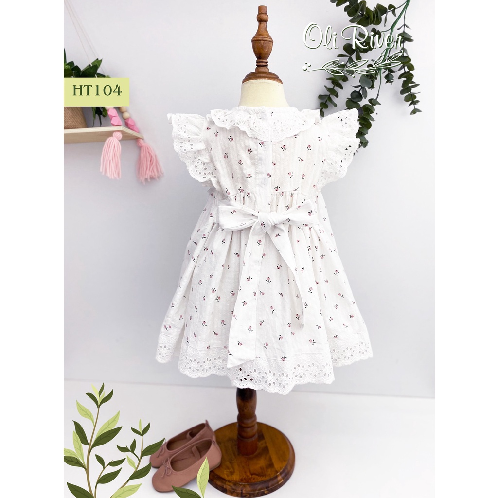 Đầm Smock bé gái cổ tròn phối vải ren tay cánh tiên điệu đà xinh yêu 8-25kg